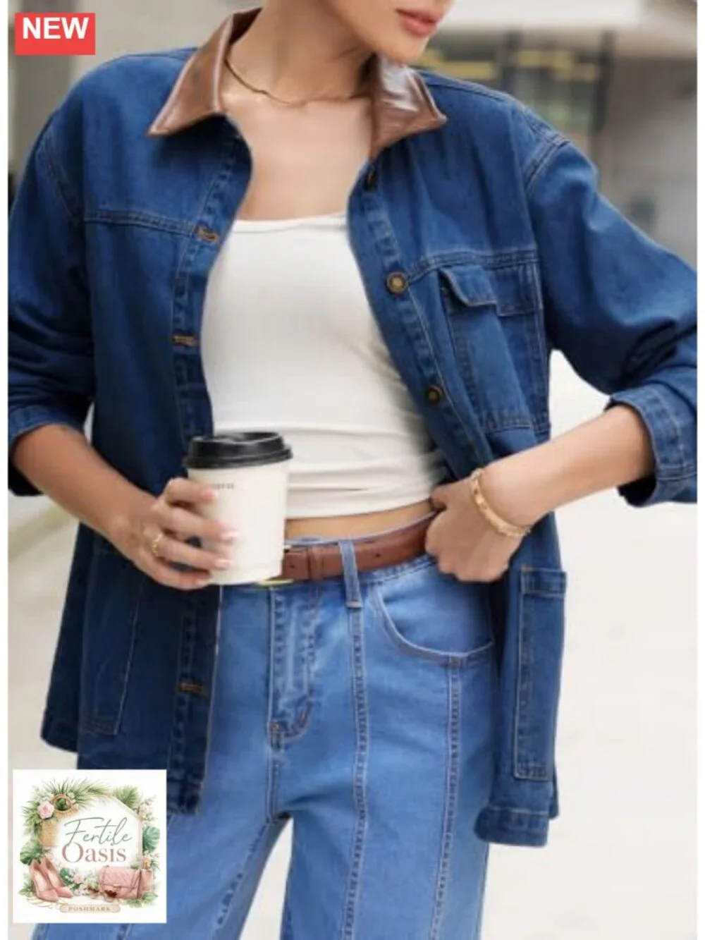 Women's Trendy Denim Jacket with Leather Collar Button Down Long Sleeve
